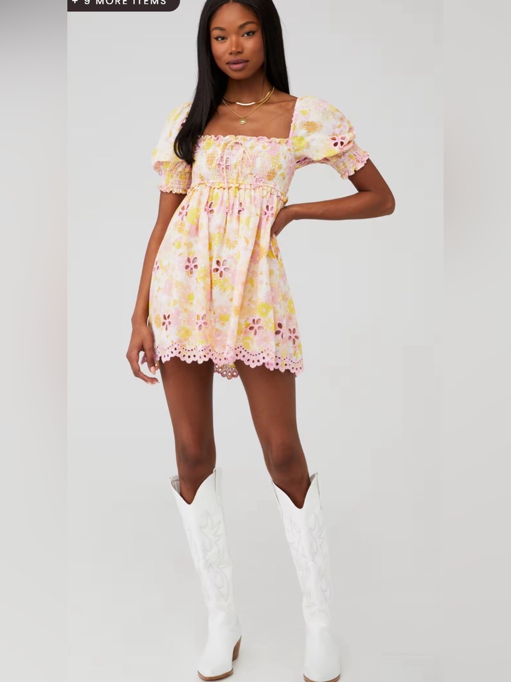 For Love And Lemons Claire Pink & Yellow Floral Eyelet Puff-Sleeve Mini Dress G7